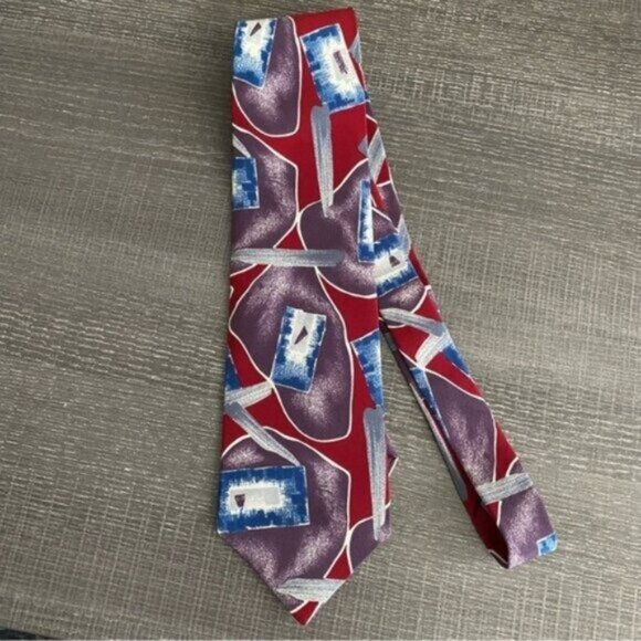 Via Veneto Neck Tie Abstract 100% Silk Art Watercolor Multicolor Red Blue - Picture 2 of 4